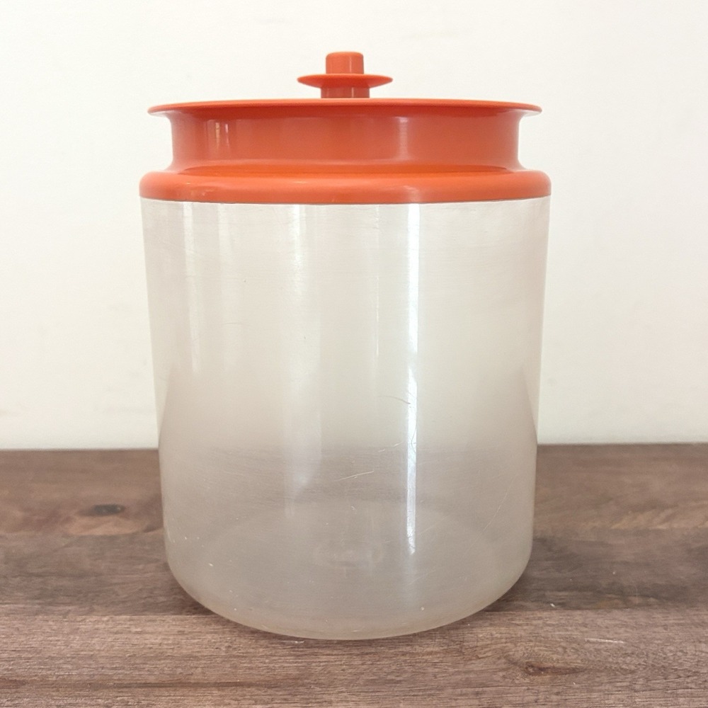 Vintage Tupperware Canister Clear Acrylic Orange Push Top w/ Lid 1484 13 1/2 Cup